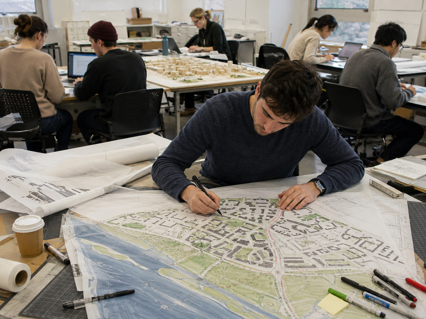 Urban planning student working on a large master plan drawing in a studio with other students, models, markers, and planning materials nearby.