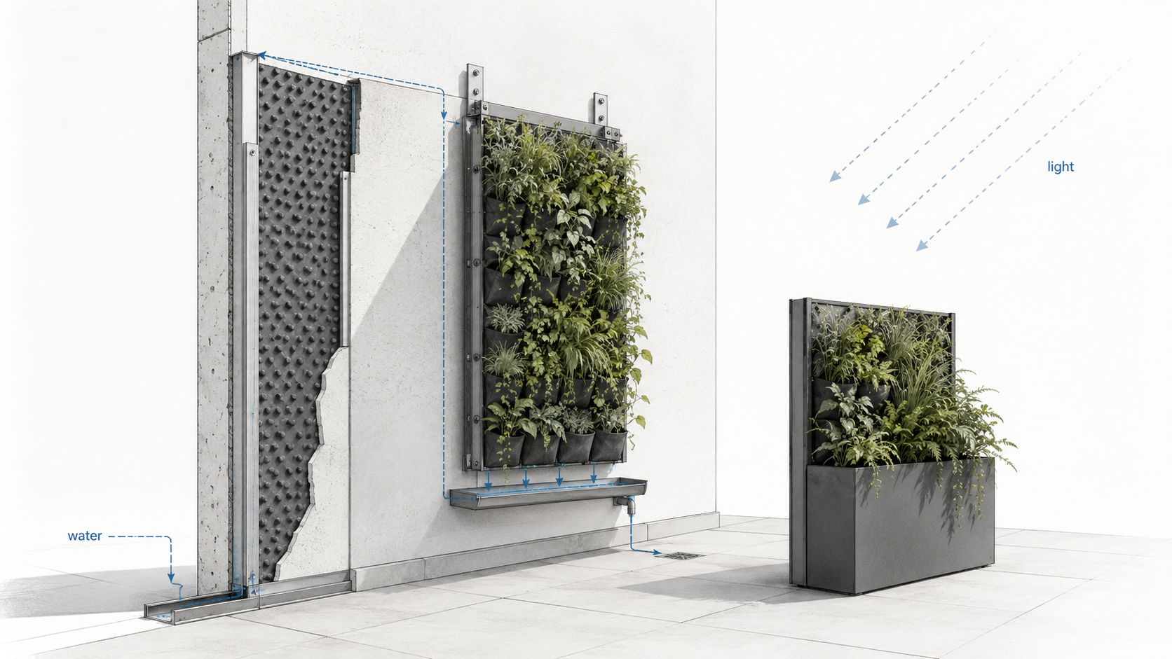 The left blue “water” path is slightly confusing if it is meant to be drainage, because it appears to rise up the wall. It can still work if read as irrigation supply, but the clearest water logic is the tray under the green wall and the drain line to the floor.