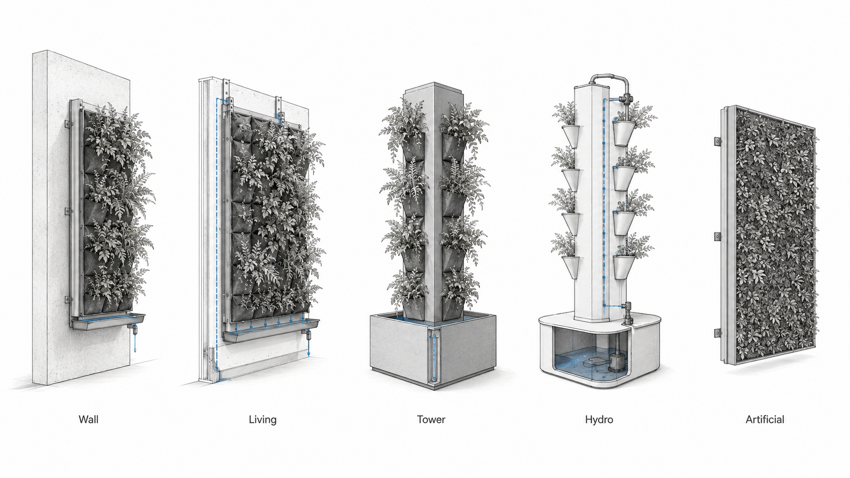 Comparison diagram of wall planters, living walls, freestanding planter towers, hydroponic towers, and artificial green walls.