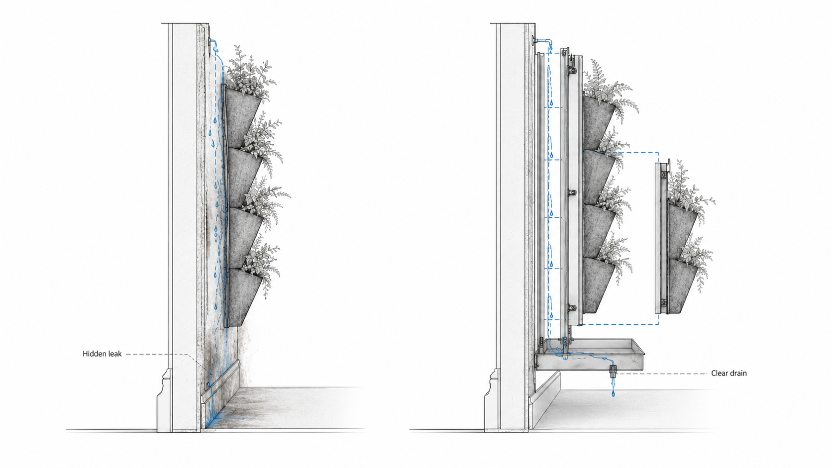 Good and bad vertical garden water path diagram showing hidden wall leakage versus controlled drainage and visible overflow.