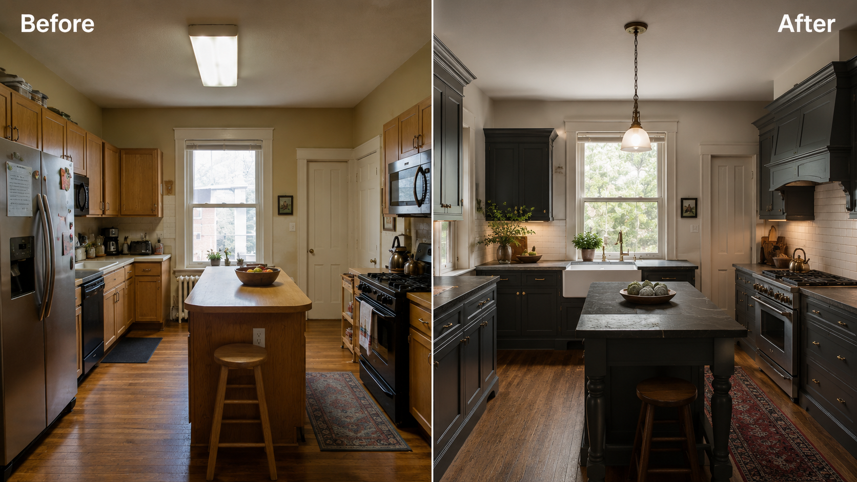 Before and after Victorian kitchen remodel image showing the same older-house kitchen transformed from a dated oak-cabinet layout into a darker, better-detailed remodel with improved materials, lighting, and old-house character.