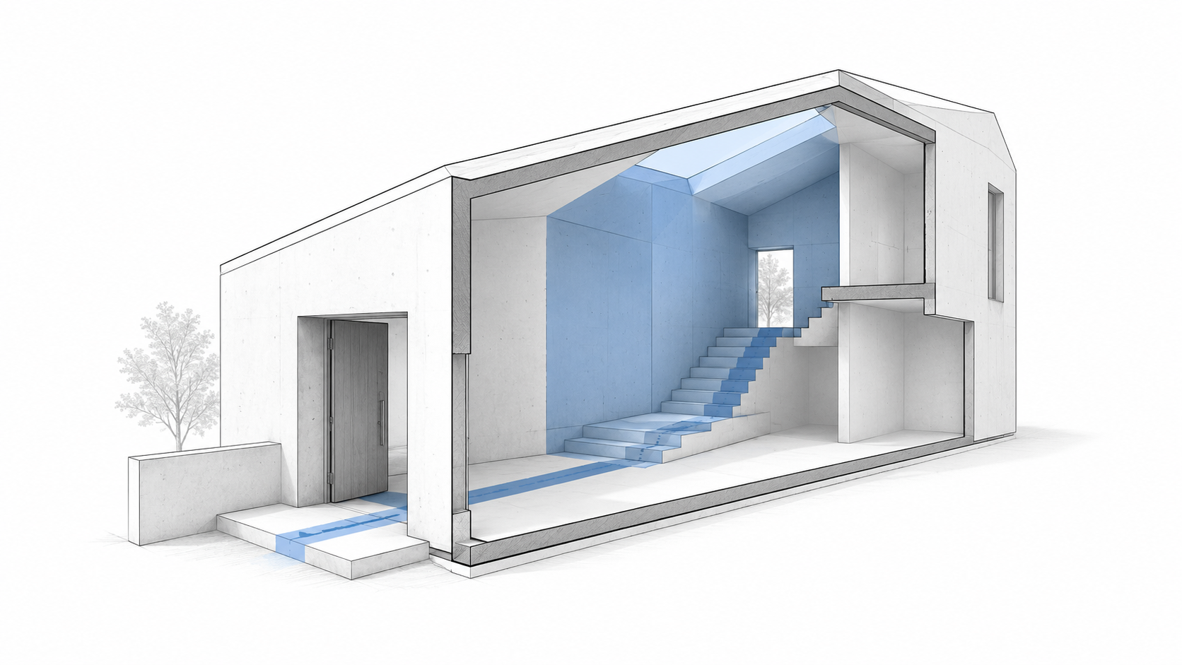 Architectural cutaway diagram of a modern building showing outer form, carved interior space, entry, roof plane, openings, and movement path.