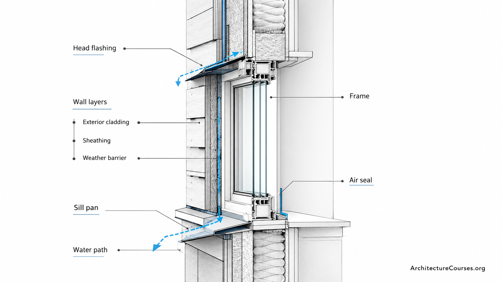 Window installation detail showing head flashing, wall layers, sill pan, water path, frame, and interior air seal.