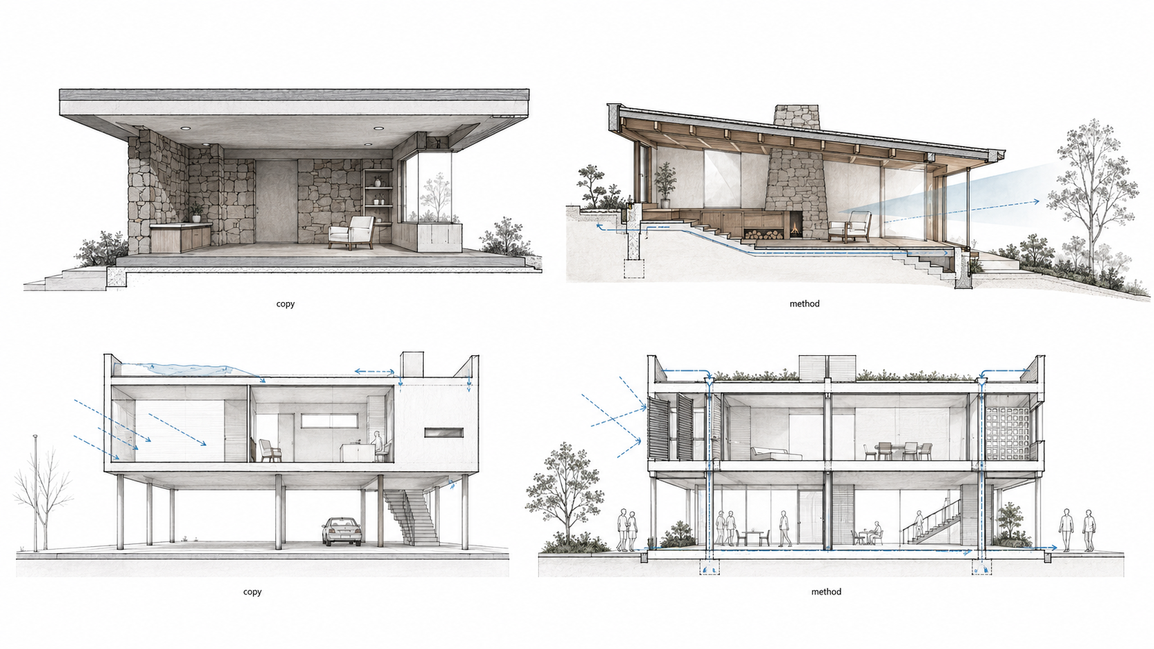 Architectural comparison diagram in a four-part grid showing weak copies and better methods for Frank Lloyd Wright and Le Corbusier, comparing site response, daylight, drainage, structure, and ground-level use.