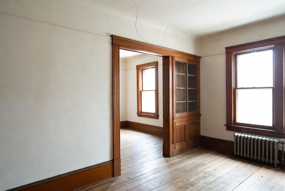Unrenovated 1920s Craftsman living room with dark wood trim, plaster cracks, radiator, and old floors.