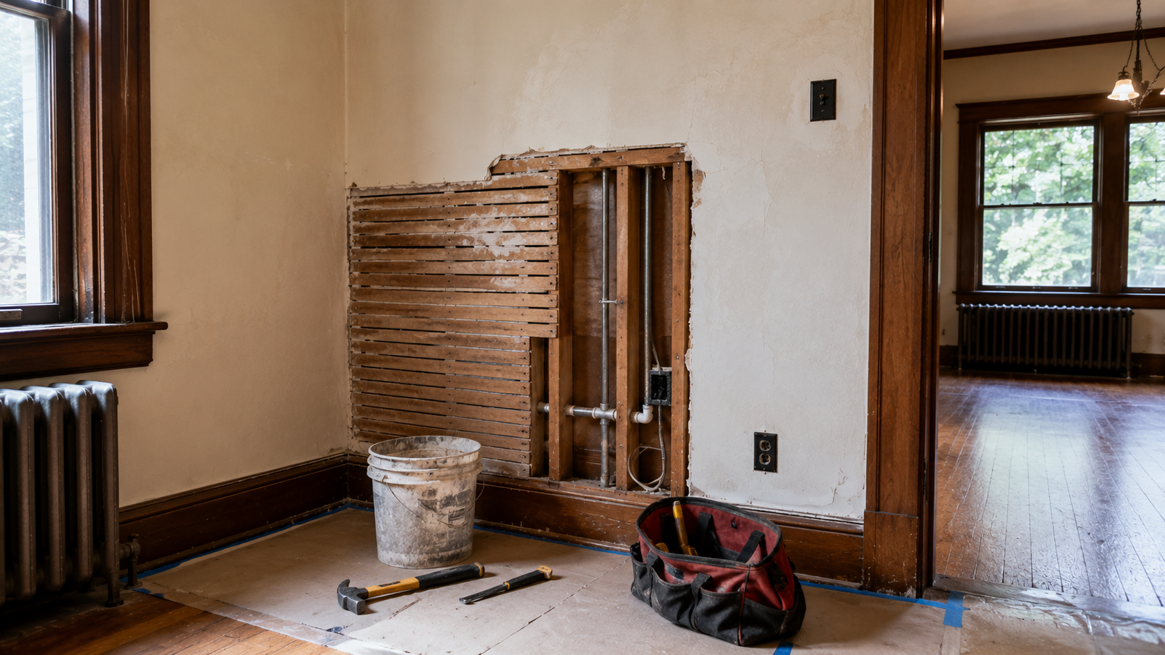1920s house renovation showing opened wall area before finish work begins.