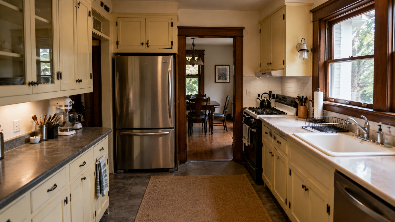 Renovated 1920s kitchen with preserved wood trim, practical cabinets, and modern appliances.