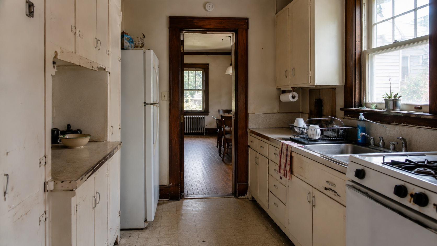 Unrenovated 1920s kitchen with old cabinets, wood trim, narrow layout, and worn floor.