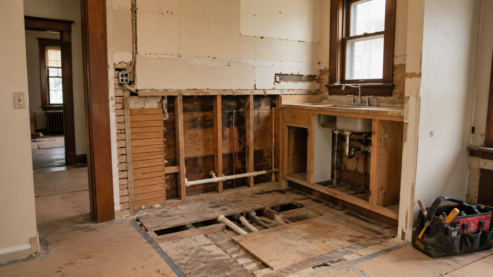 1920s kitchen renovation with opened wall and floor exposing plumbing and wiring.