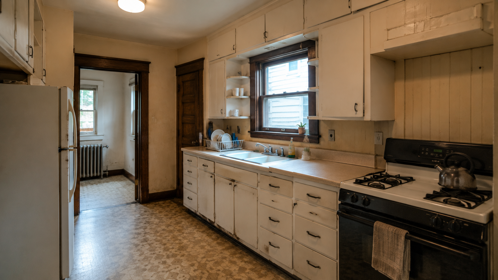 Old 1920s kitchen layout with sink under window, worn cabinets, stove, and radiator room beyond.