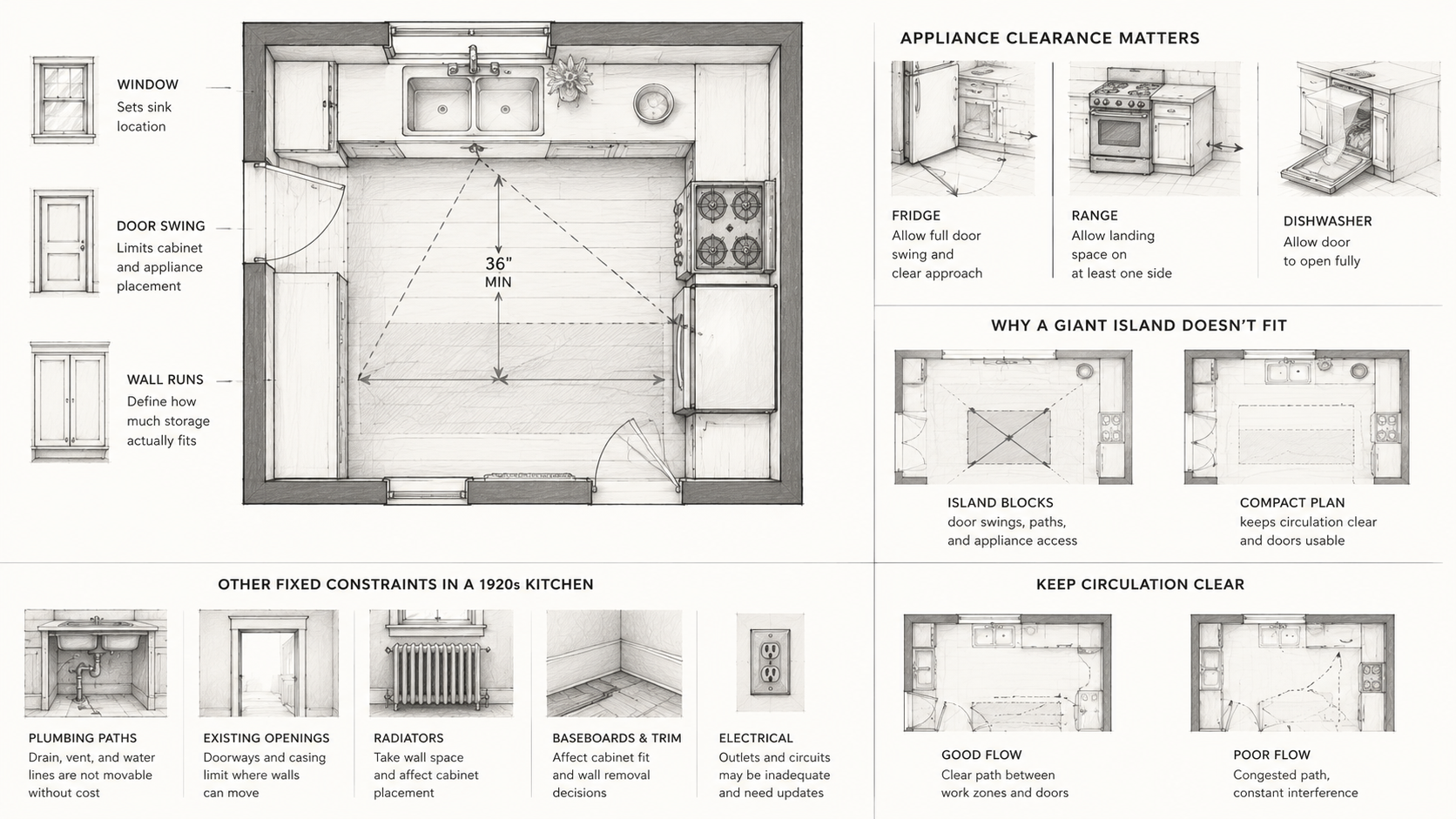 Diagram showing layout constraints in a 1920s kitchen remodel.