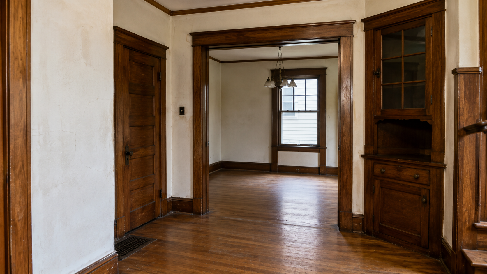 Original 1920s house trim, doors, floors, and plaster details worth saving.