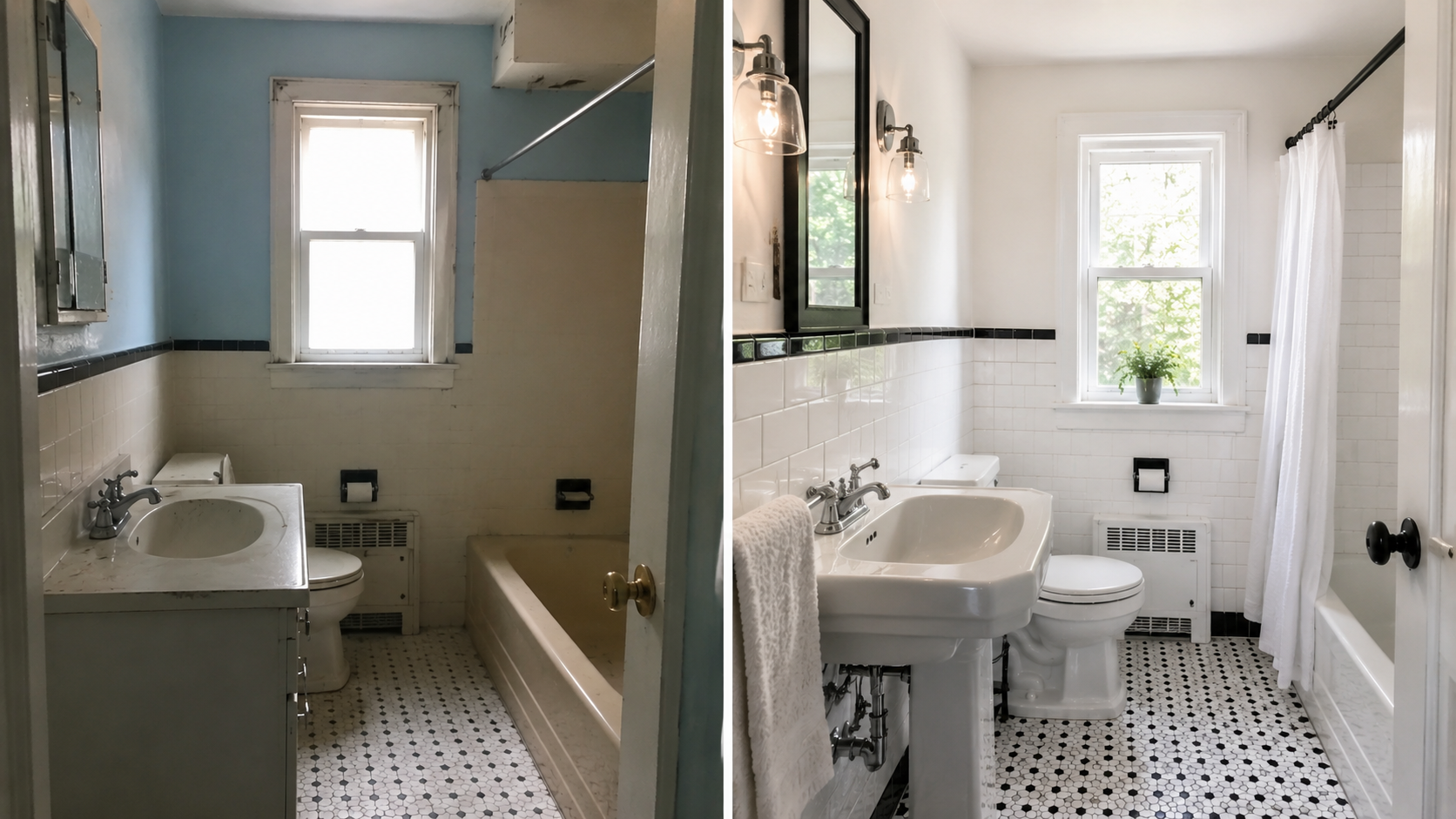 Before-and-after comparison of a small 1930s-style bathroom remodel with worn tile and fixtures on the left and a restored black-and-white tile bathroom on the right.