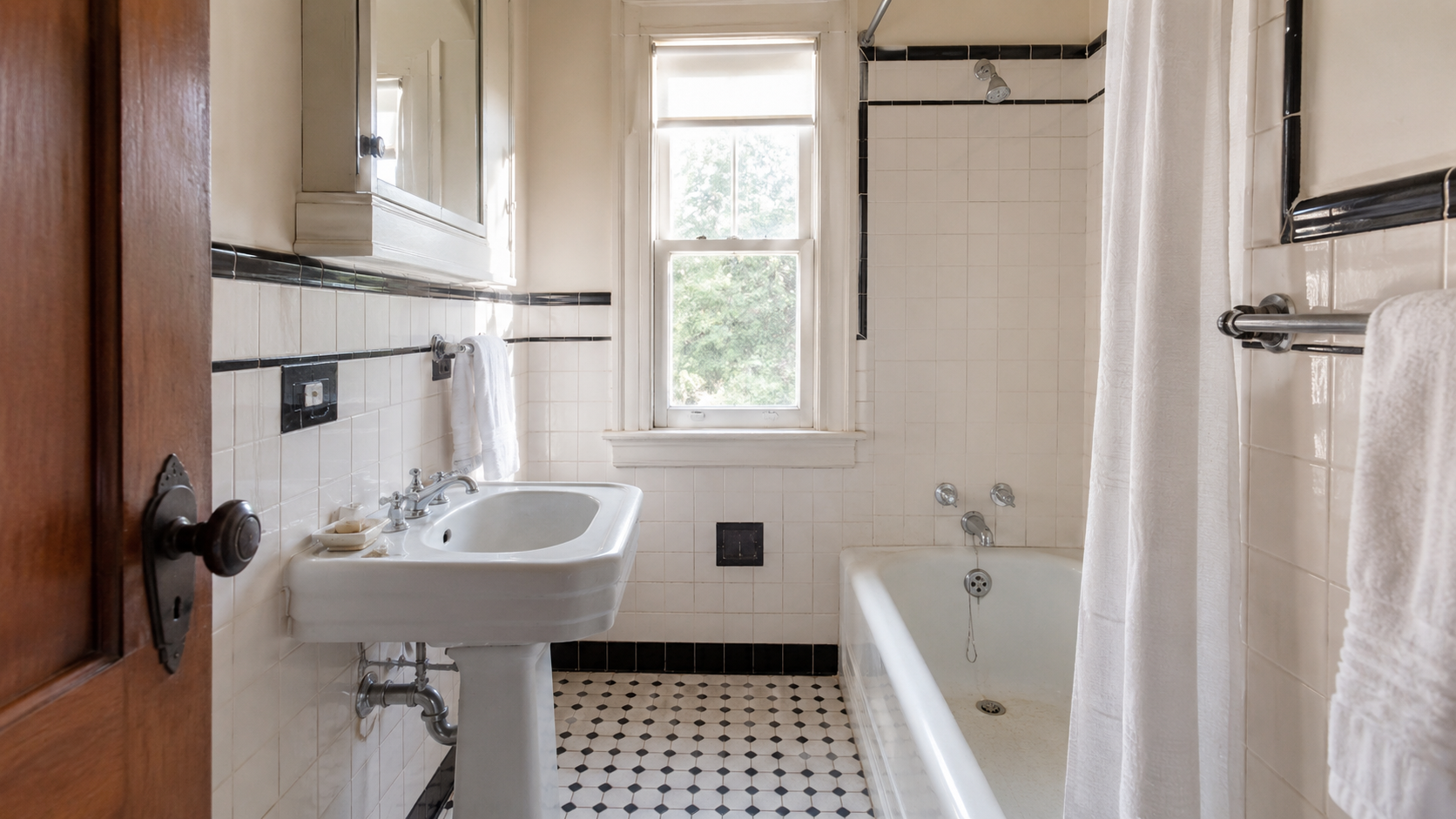Preserved 1930s bathroom with black-and-white tile, pedestal sink, tub, and chrome fixtures.
