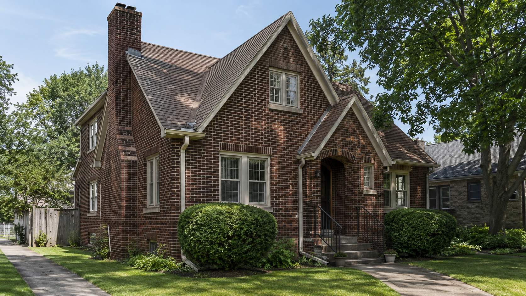 Authentic 1930s brick house exterior with steep gables, original windows, and front stoop.