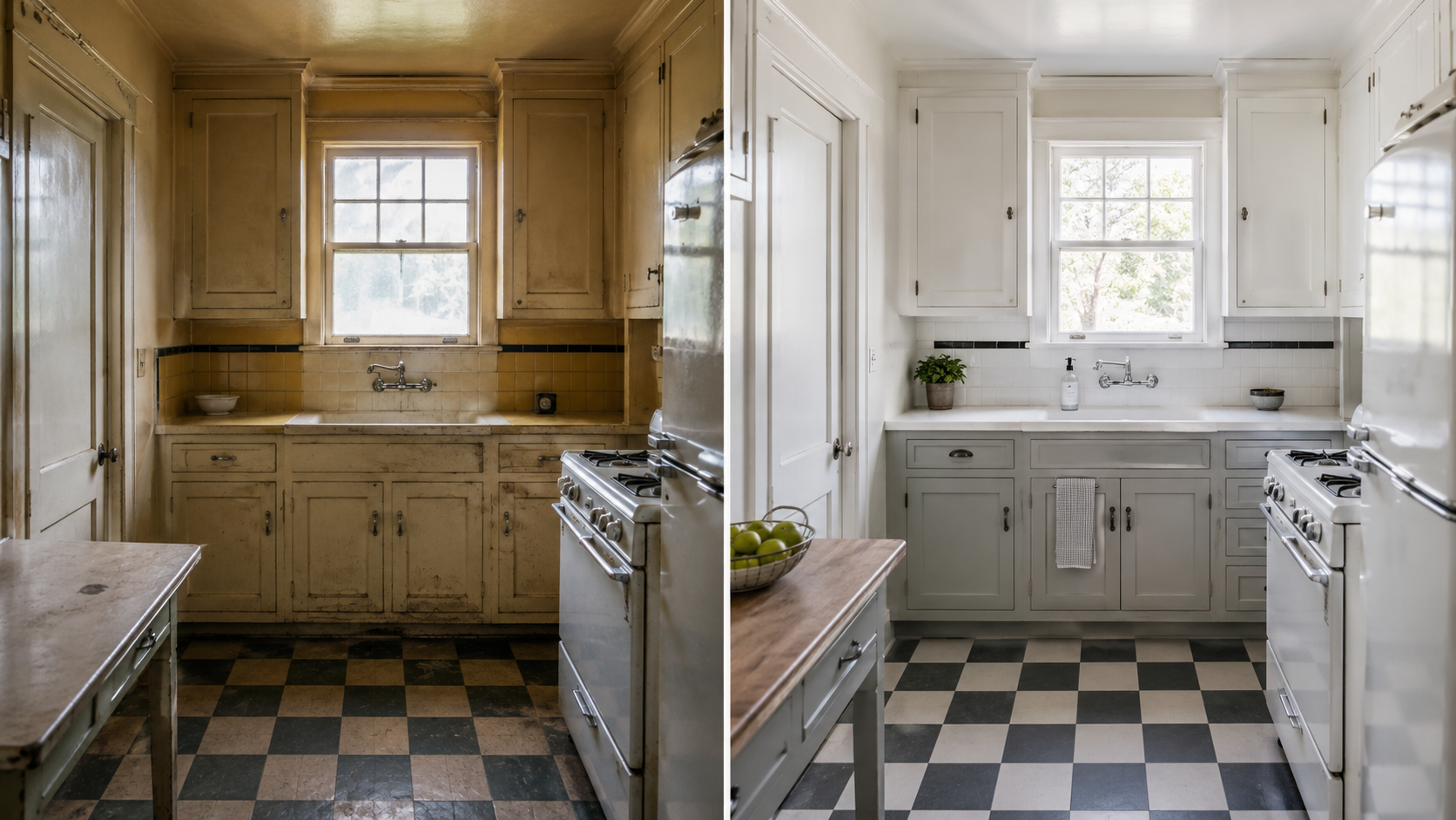 Before and after 1930s kitchen remodel showing a worn original kitchen and a bright period-aware restoration.
