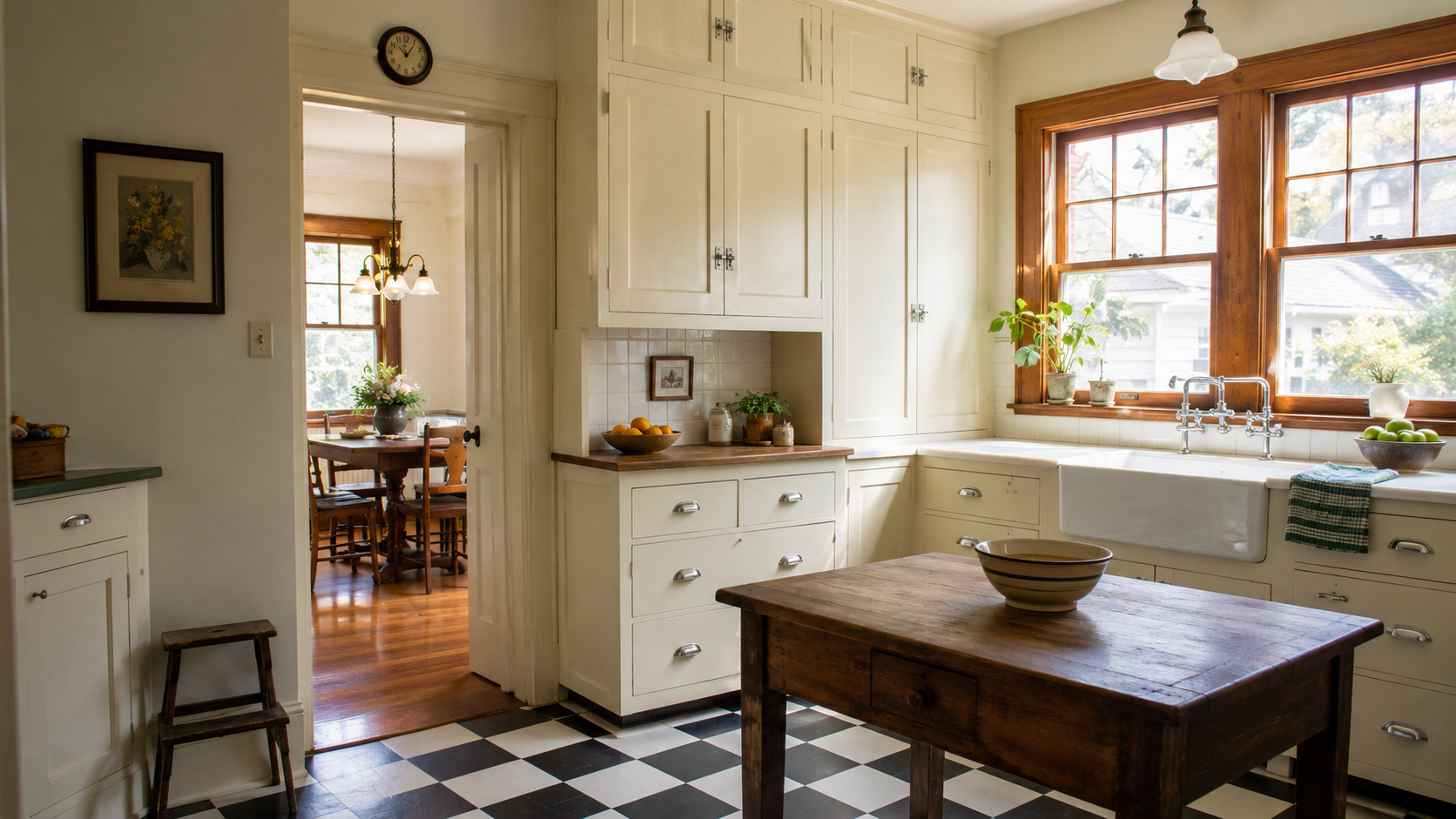 Bright 1930s kitchen remodel with painted cabinets, checkerboard floor, farmhouse sink, and wood-trimmed windows.