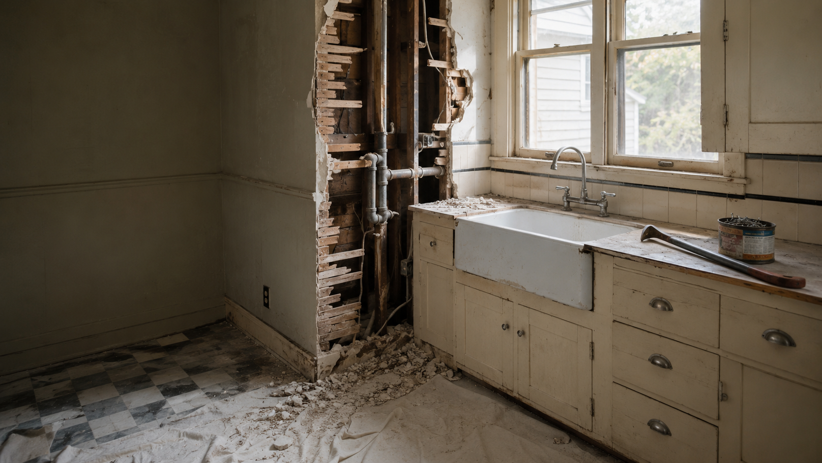 Opened wall in a 1930s kitchen showing old plumbing beside an apron sink, painted cabinets, and checkerboard floor.
