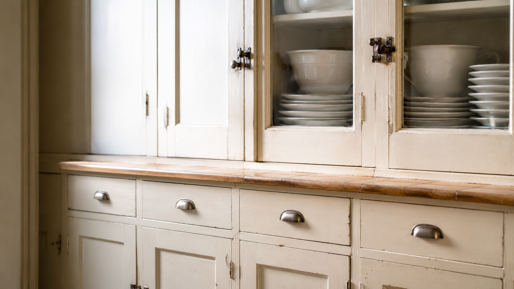 Original 1930s painted kitchen cabinets with inset doors, cup pulls, glass-front upper cabinet, and tile counter.