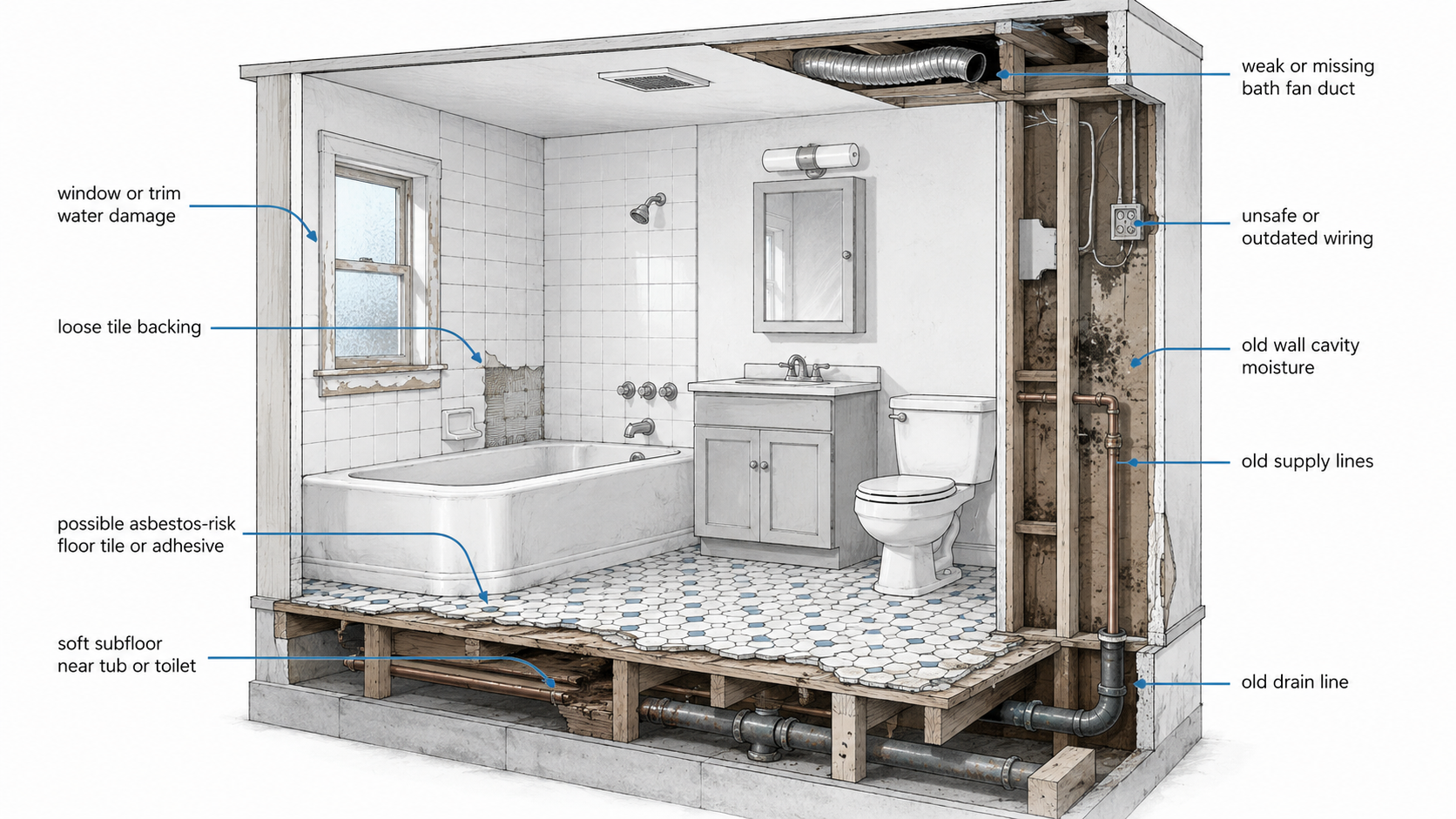 Diagram of hidden 1950s bathroom problems showing plumbing, wiring, moisture, subfloor, tile backing, and ventilation issues.