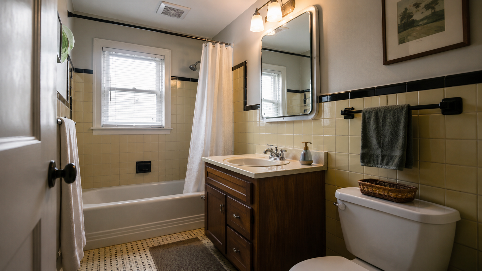1950s bathroom remodel with original wall tile, updated vanity, improved lighting, and practical finish upgrades.