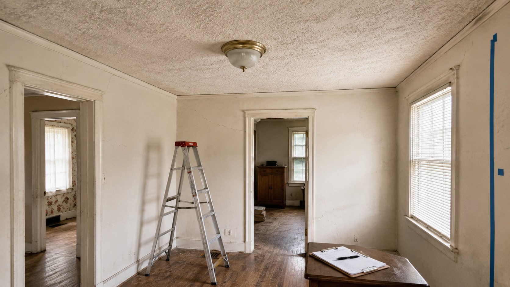 Textured ceiling in a 1950s house being evaluated before renovation work begins.