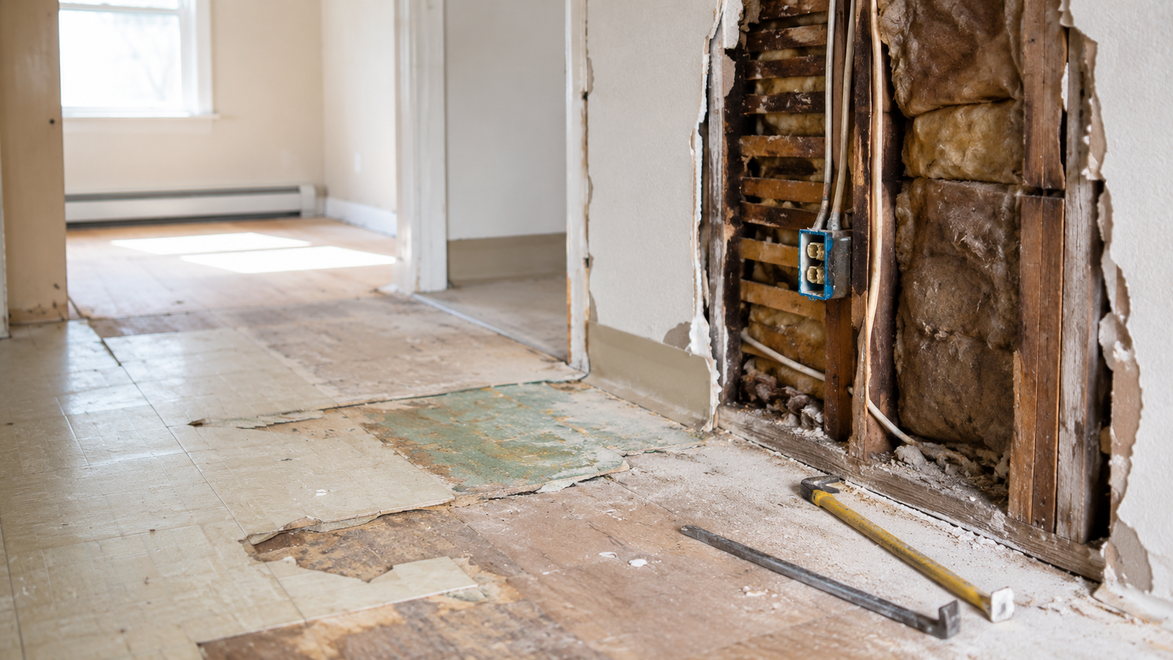 1950s house renovation with exposed wall framing, old wiring, insulation, flooring layers, and tools.
