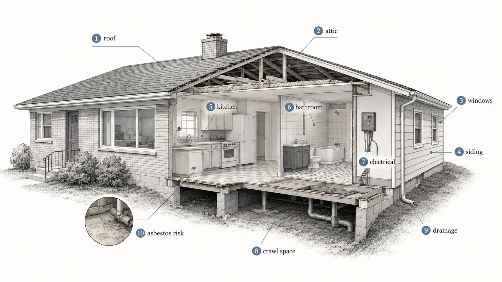 1950s ranch cutaway showing roof, attic, windows, electrical, crawl space, drainage, and asbestos-risk areas.