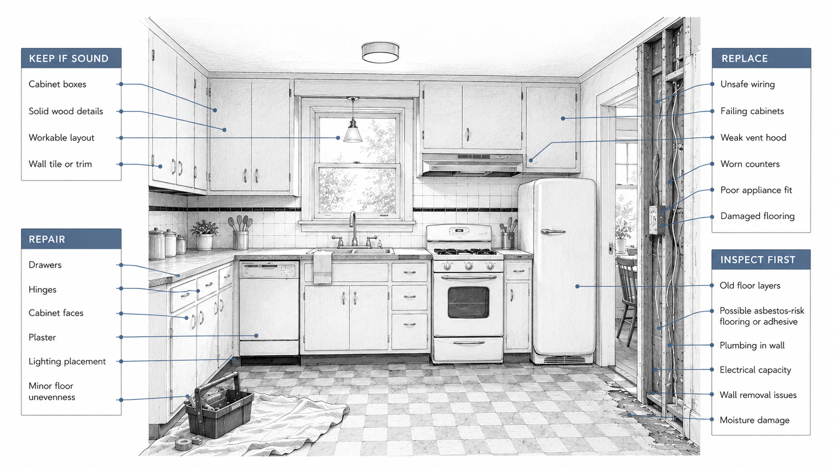 1950s kitchen remodel decision map for keeping cabinets, repairing finishes, replacing unsafe work, and inspecting old-house problems.