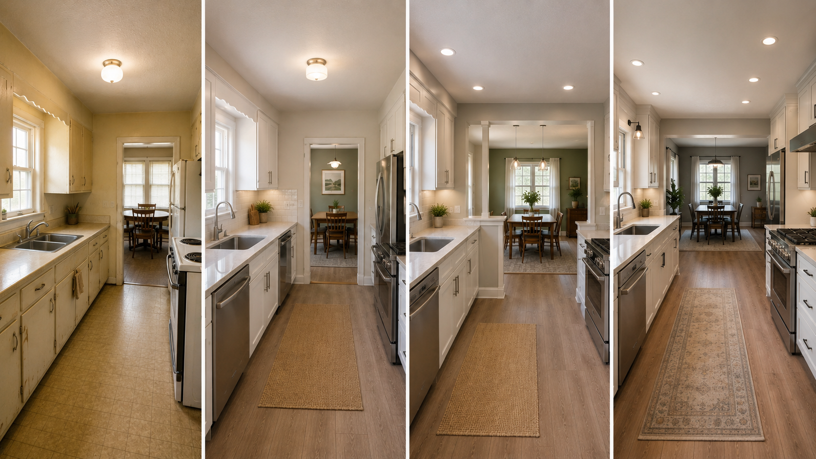 Four remodel paths for a 1950s ranch kitchen, from refresh to full rebuild.