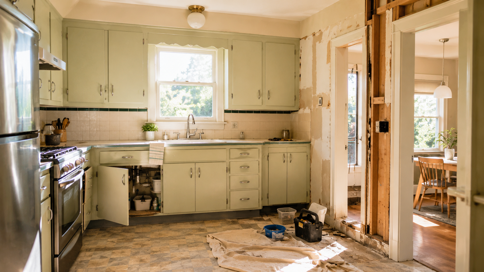 1950s kitchen remodel showing original cabinets, appliance updates, wall repair, and old-house renovation work.