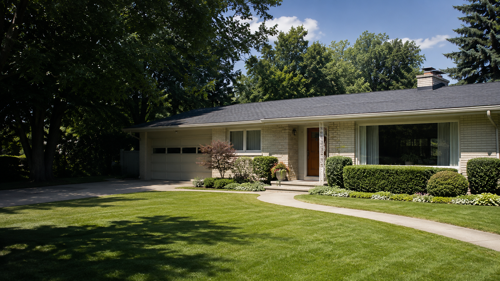 1950s ranch house with light brick, long low roofline, attached garage, picture window, shaded lawn, and mature trees.