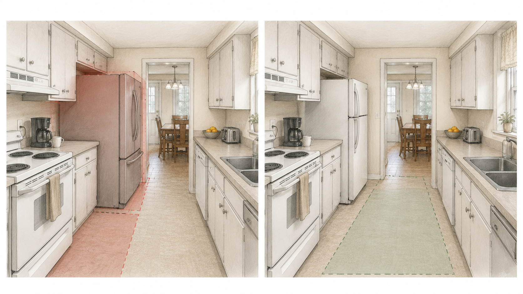 Visual diagram showing refrigerator size problems in a 1950s ranch kitchen.