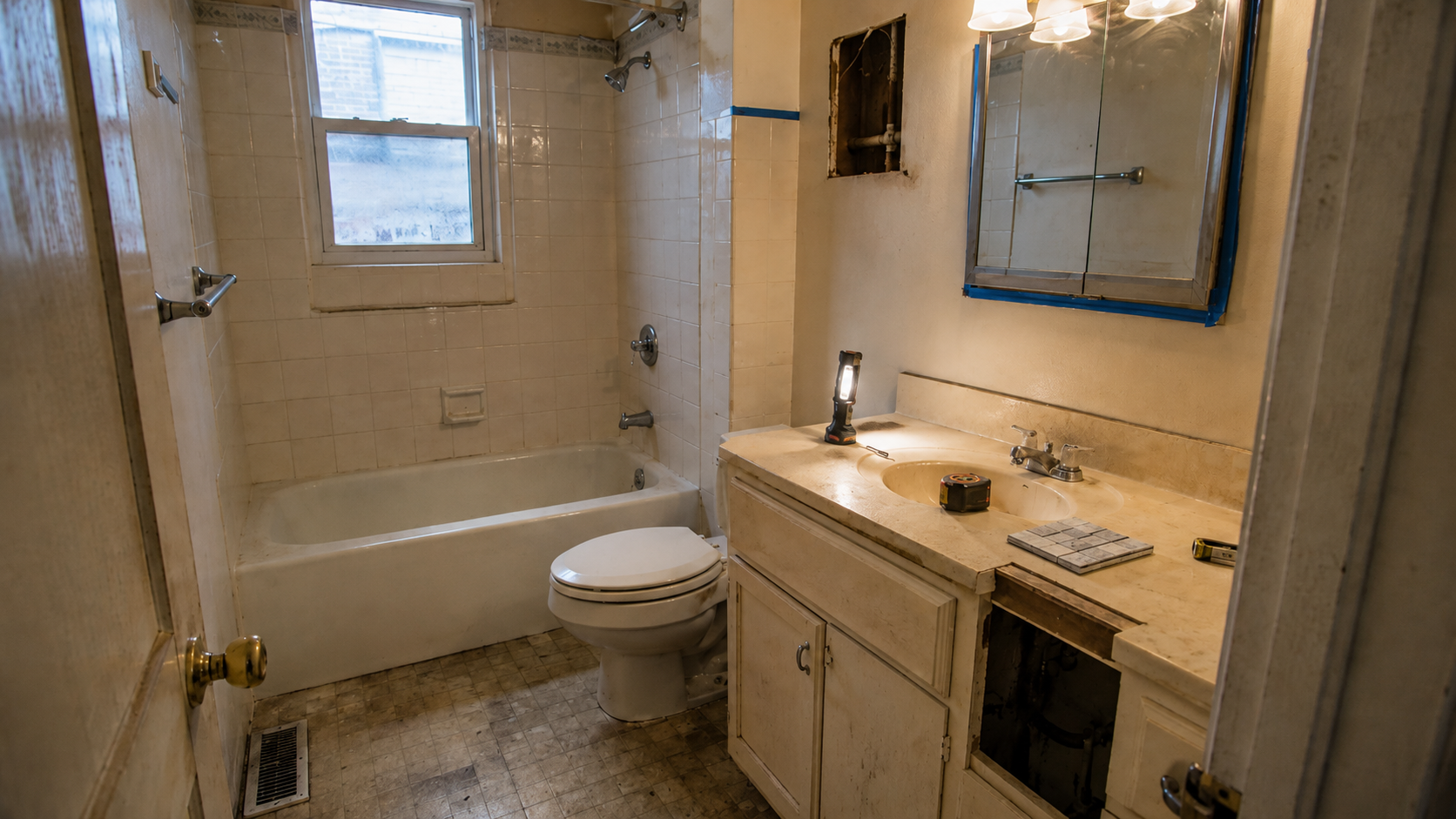 1960s bathroom before remodel with old wall tile, tub-shower, worn flooring, dated vanity, open access area, flashlight, tape measure, and sample tile.
