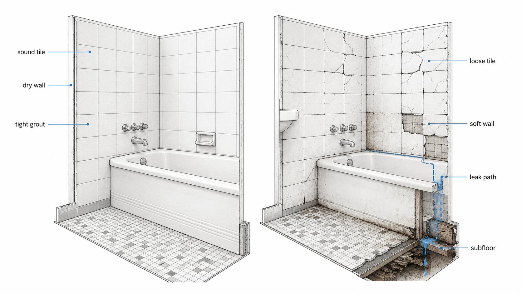 Decision diagram comparing old 1960s bathroom tile worth keeping with failed tile that shows loose tile, soft wall, leak path, and subfloor damage.