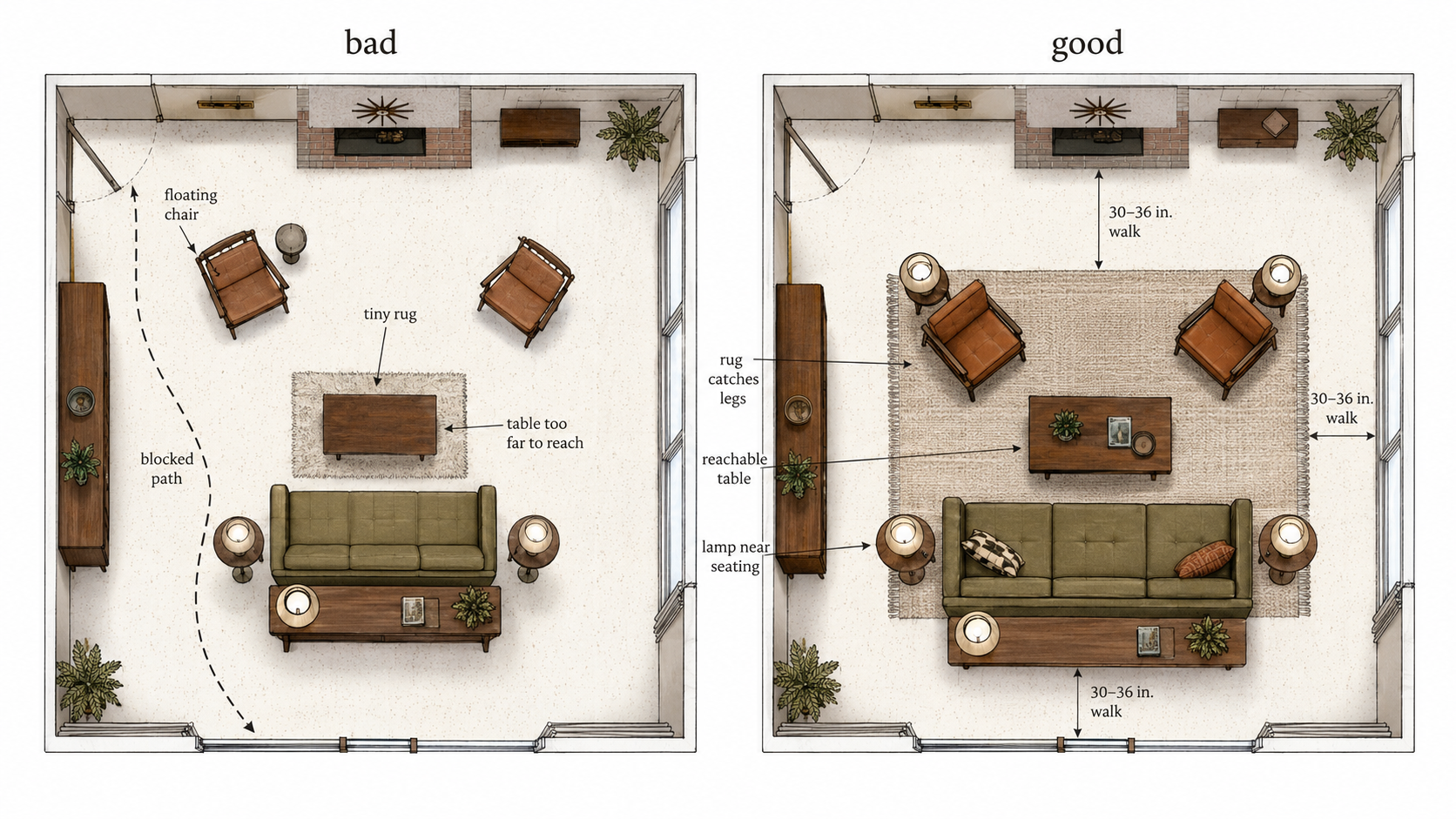 Floor plan diagram showing 1960s living room furniture scale, rug size, walkways, and conversation layout.