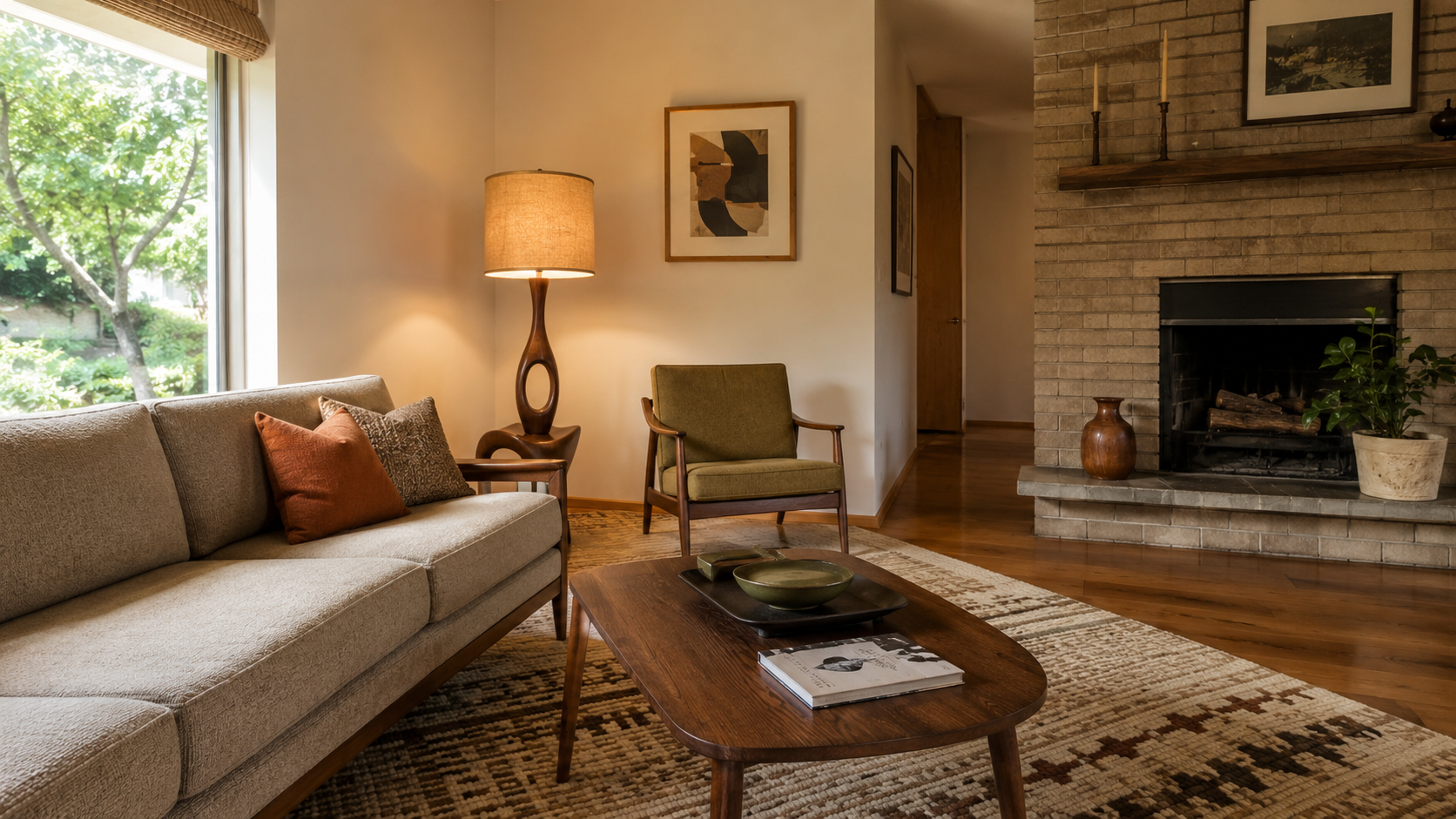 1960s-inspired living room with low sofa, wood furniture, brick fireplace, patterned rug, and warm accents.