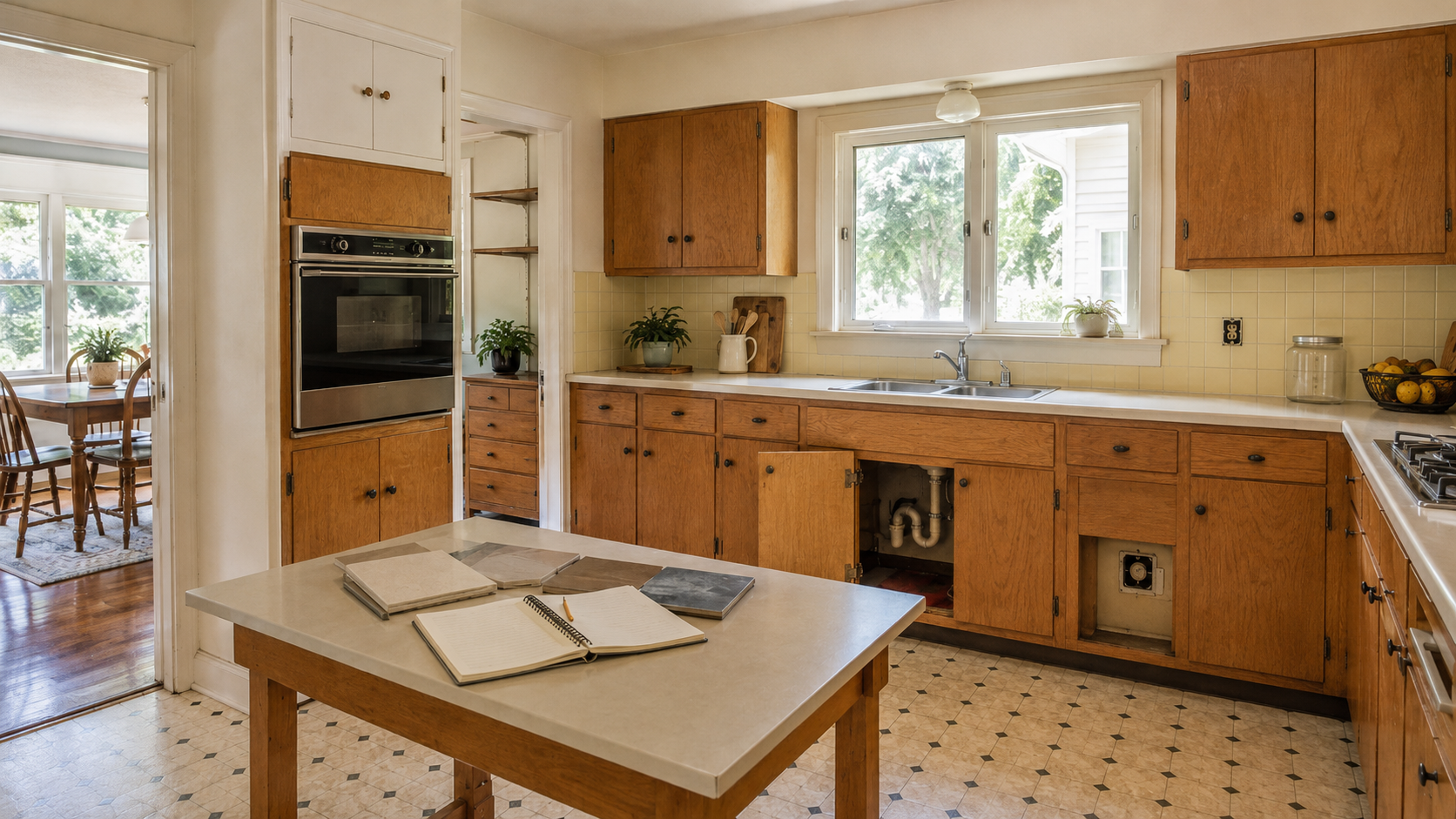 Older 1960s kitchen before renovation with wood cabinets, brown tile backsplash, vinyl floor, open sink cabinet, and material samples.
