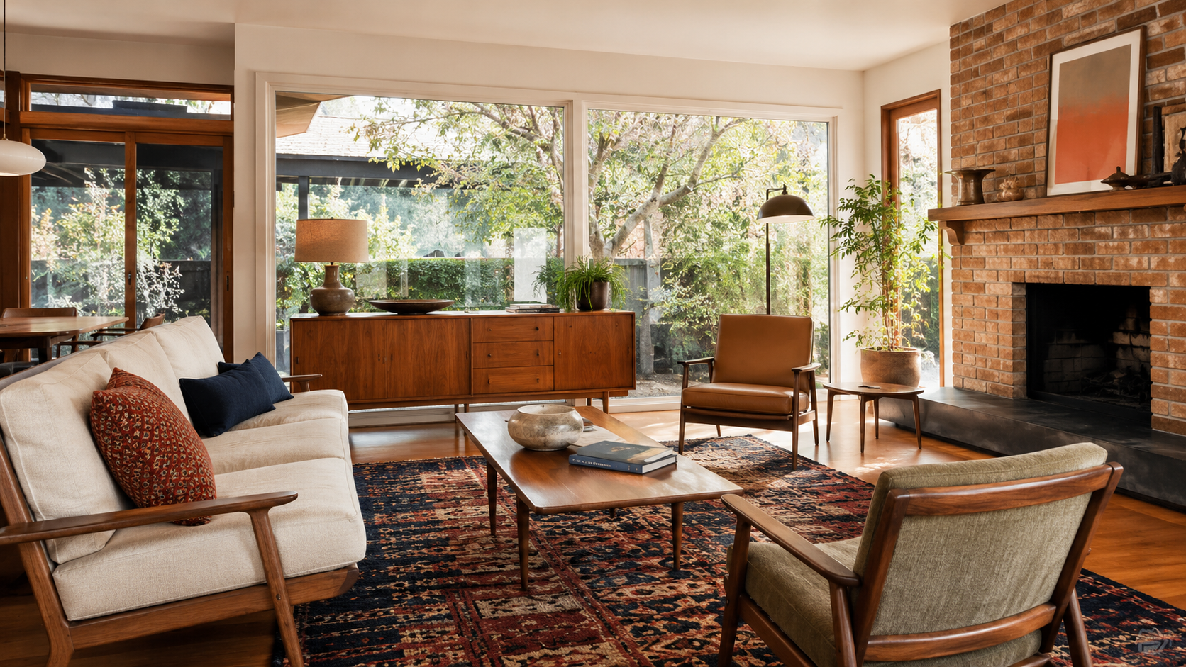 Bright 1960s living room with warm wood furniture, patterned rug, brick fireplace, layered seating, plants, and bold accent pillows.
