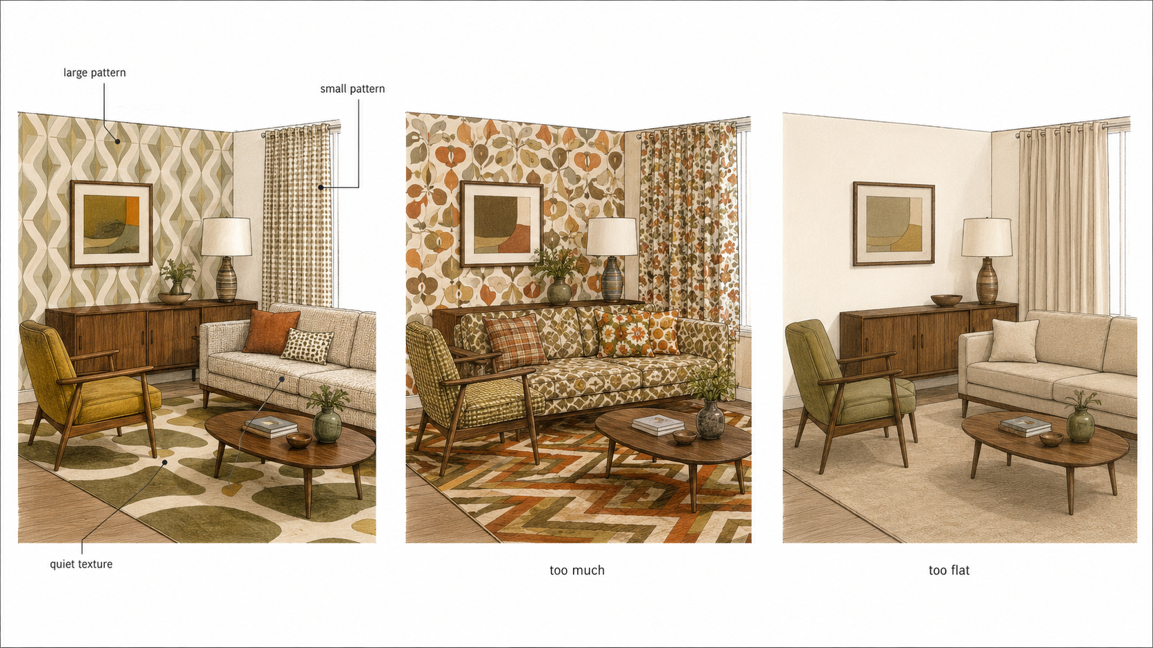 Diagram showing balanced, busy, and flat 1960s living room pattern choices.