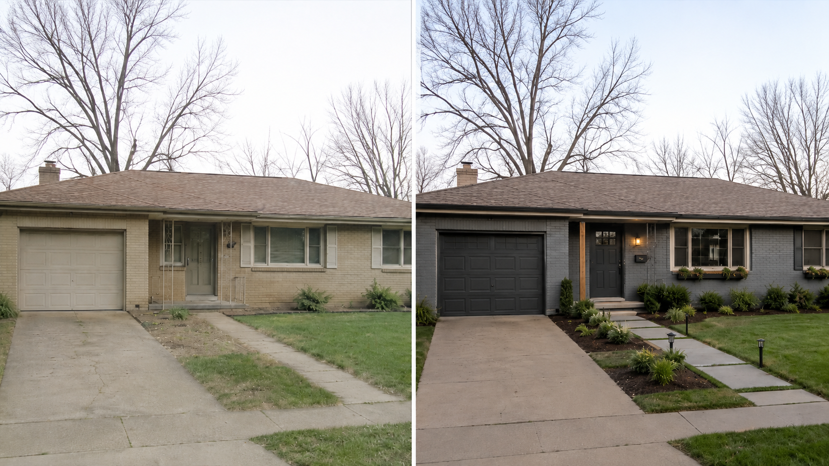Before and after view of a 1960s ranch house remodel with updated entry, garage, paint, and landscaping.