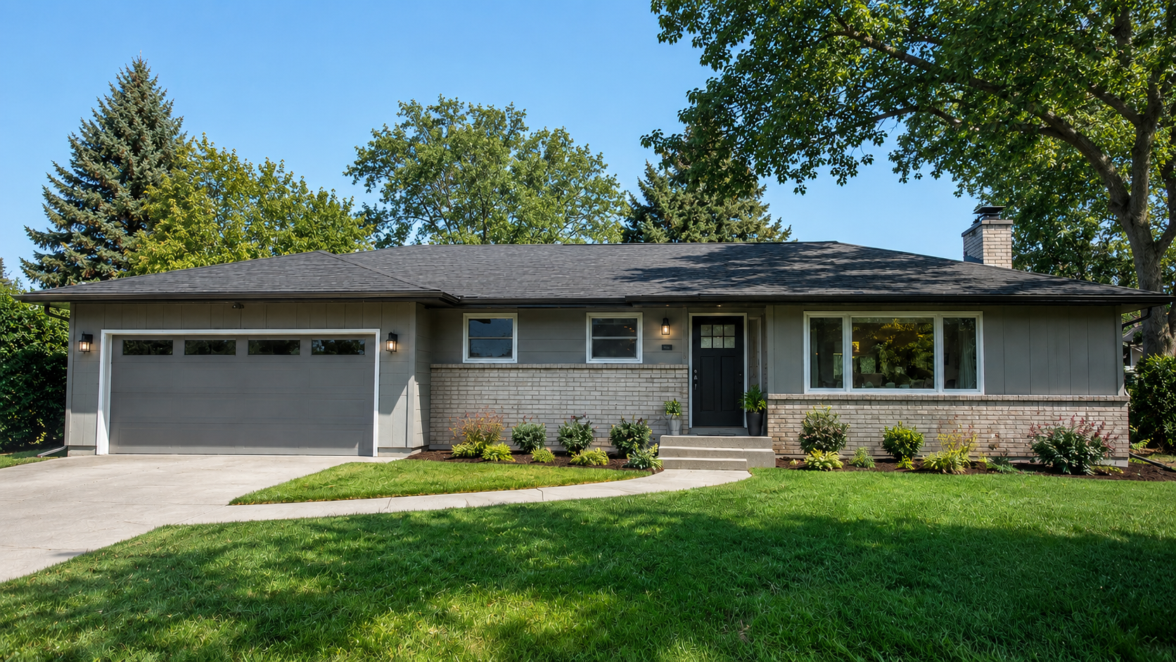 Updated 1960s ranch house exterior with low roofline, attached garage, cleaner entry, balanced windows, repaired trim, and restrained landscaping.