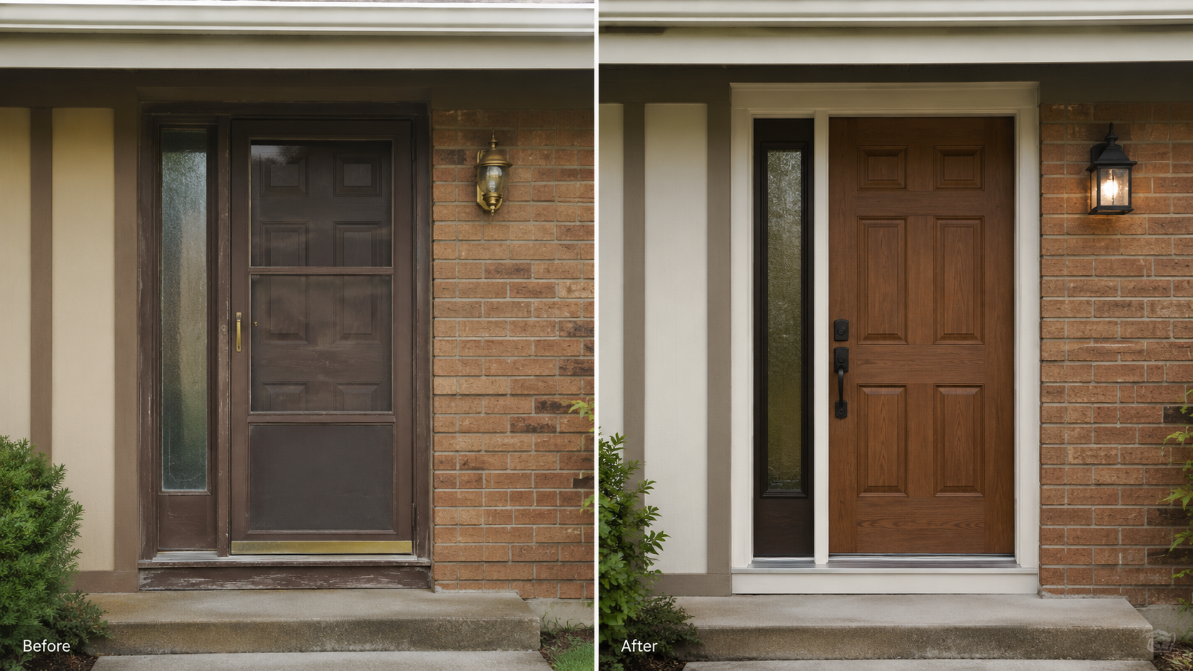 Before and after update of a 1970s front door with new hardware, lighting, trim, and finish.