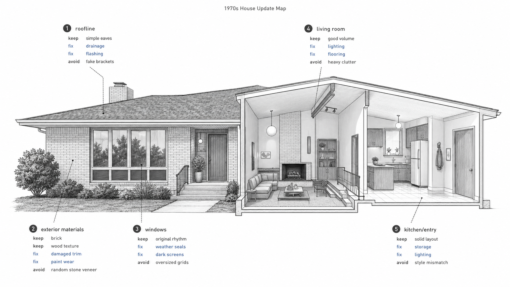 1970s house update map showing roofline, materials, windows, living room, and kitchen entry zones.