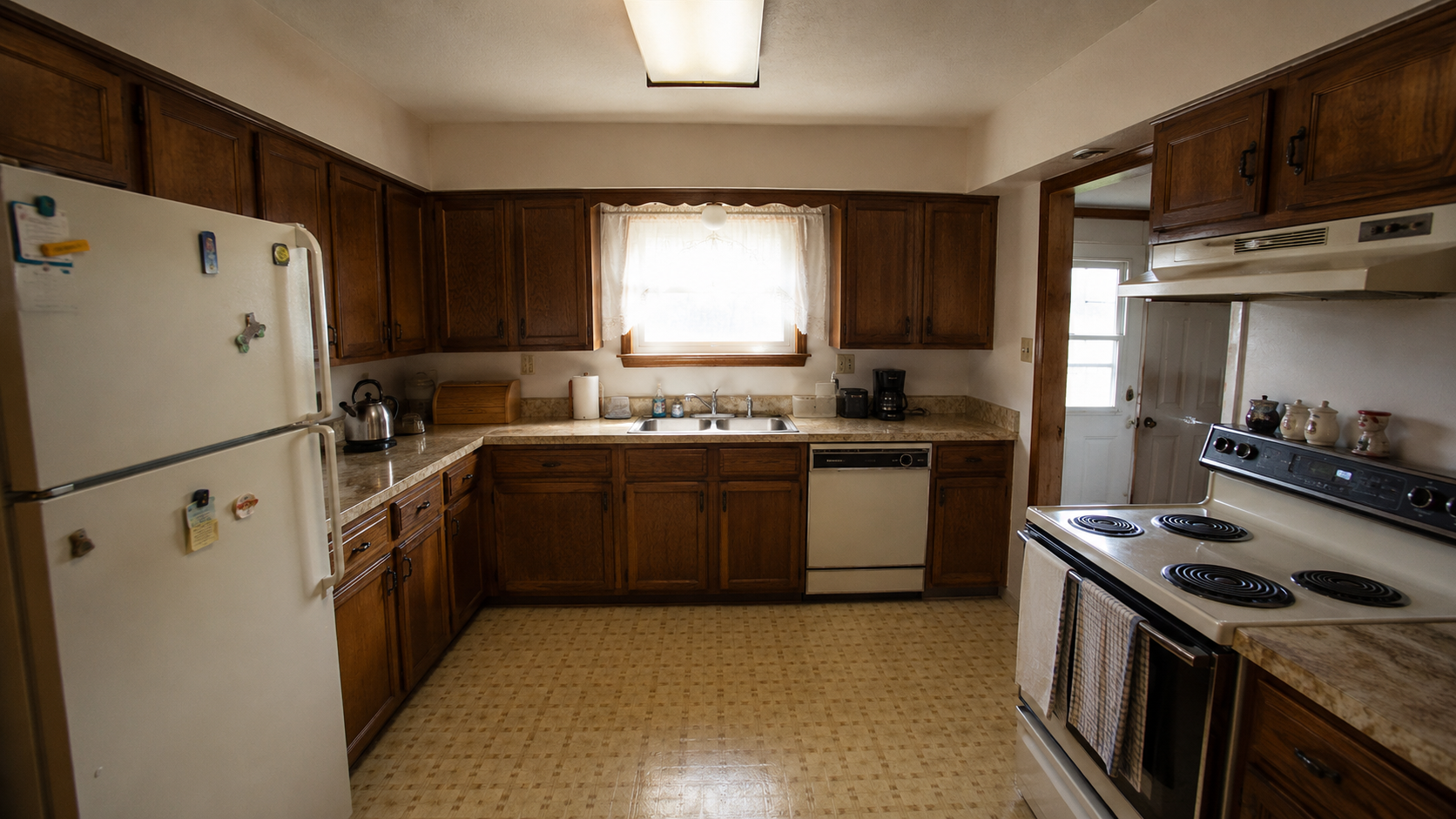 1970s kitchen remodel planning photo with dark wood cabinets, soffits, laminate counters, and dated flooring.
