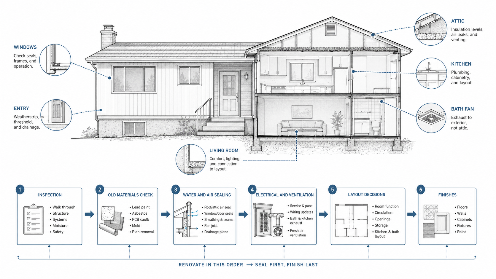 Diagram showing the right renovation order for a 1970s house from inspection to finishes.
