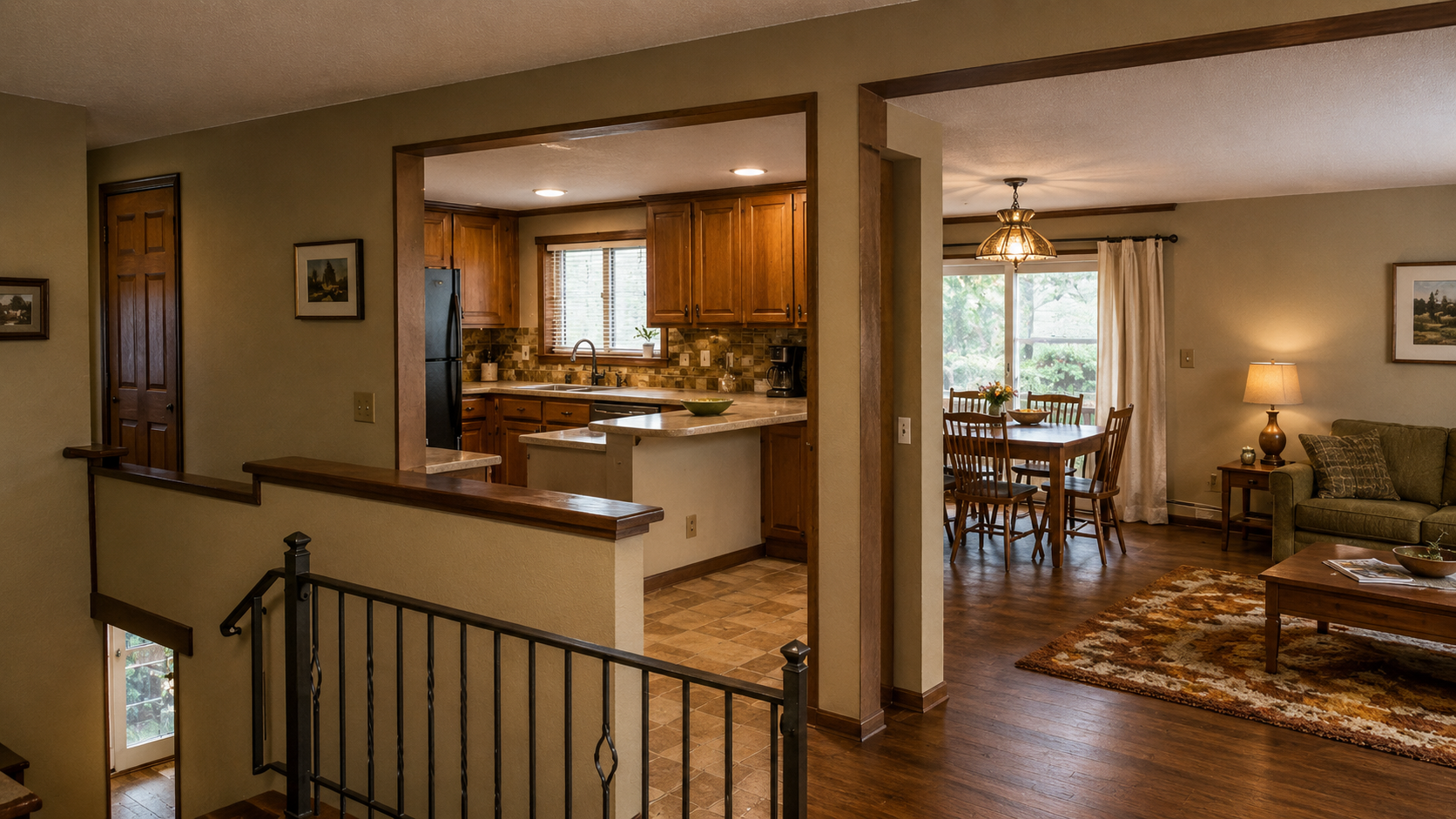 Improved 1970s split-level kitchen and living connection with a controlled wall opening.