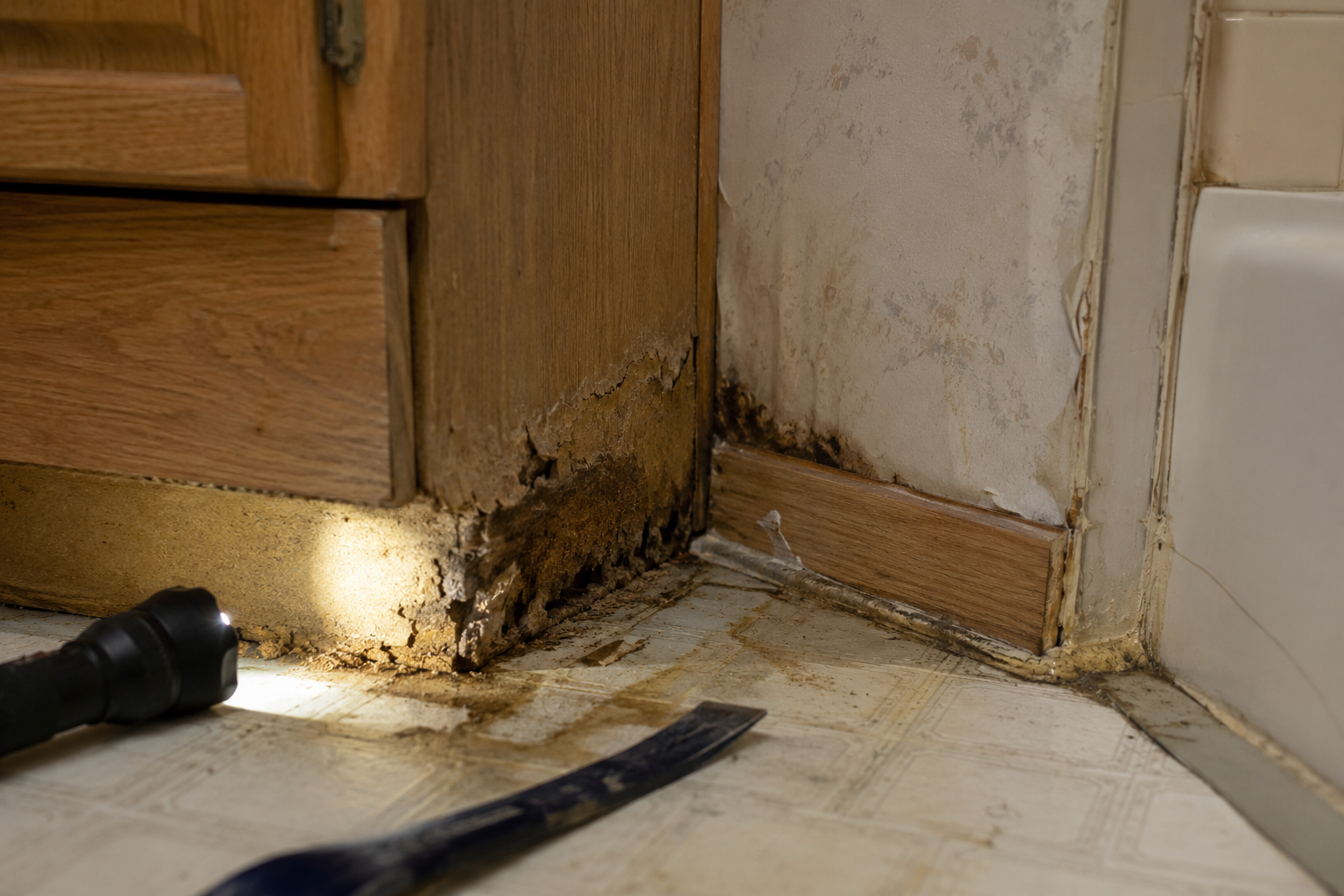 Close-up of water damage at an old 1980s bathroom vanity base with stained flooring, cracked caulk, and dark wall marks.