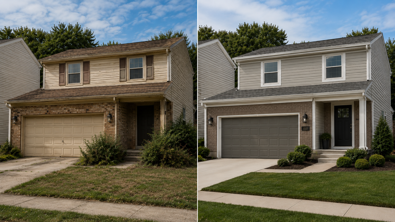 Before-and-after 1980s house exterior update with garage, siding, entry, trim, windows, and planting improved.