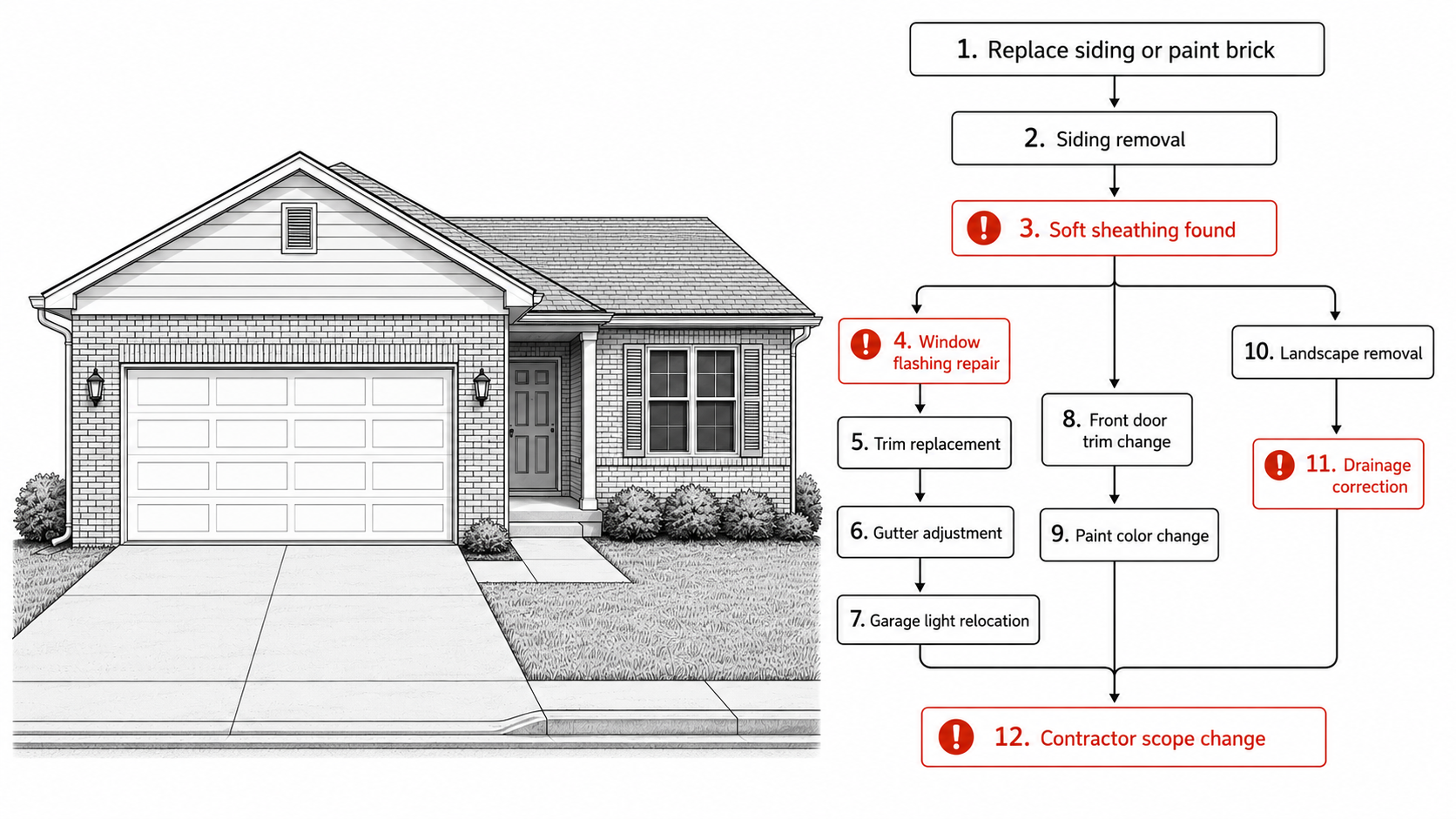 Diagram showing how painting brick or replacing siding on a 1980s house can trigger flashing, trim, sheathing, gutter, lighting, landscape, and drainage work.